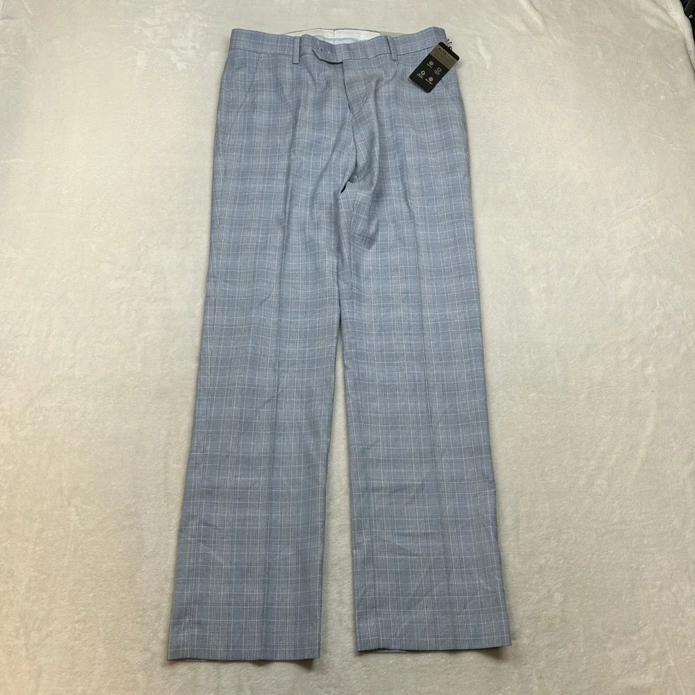 Alfani Slim Fit Dress Pants Mens 30x30 Light Blue Plaid‎ Stretch NEW